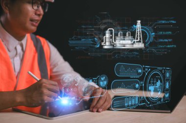 Küresel ısınma ve iklim değişikliğini sınırlamak için karbondioksit salınımını ve karbon ayak izini azaltın. Sürdürülebilir kalkınma ve yeşil iş adamı rapora ve CO2 emisyon simgesini gösteren sanal diyagrama işaret ediyor