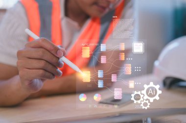 Chatbot, makine öğrenmesi ve veri analizini gösteren fütüristik yapay zeka arayüzü olan kalem ve tablet kullanan mühendis. Yapay zeka, otomasyon, dijital dönüşüm ve teknoloji kavramı