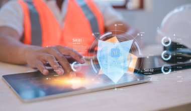 Chatbot, makine öğrenmesi ve veri analizini gösteren fütüristik yapay zeka arayüzü olan kalem ve tablet kullanan mühendis. Yapay zeka, otomasyon, dijital dönüşüm ve teknoloji kavramı