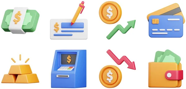 3D Finance Icons Set Gold Bar Dollar Bill ATM Currency Rates Invoice Wallet Gold Coins Business Payment Wealth Income Profit Web Design Elements 3d rendering illustration