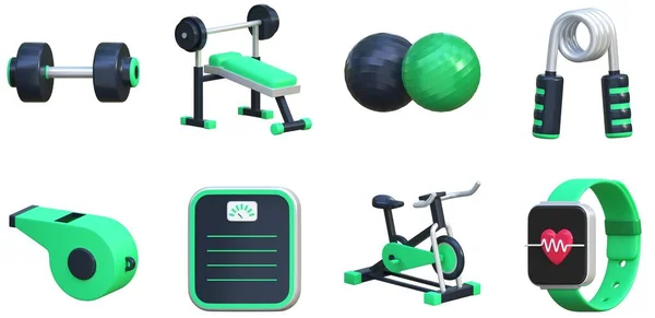 3D Gym Equipment Set Fitness Watches Dumbbell Gym Bench Fitness Watches Handgrip Whistle Gym Cycle Balls Workout Fitness time Sports Inventory UX UI Web Design Elements 3d rendering illustration
