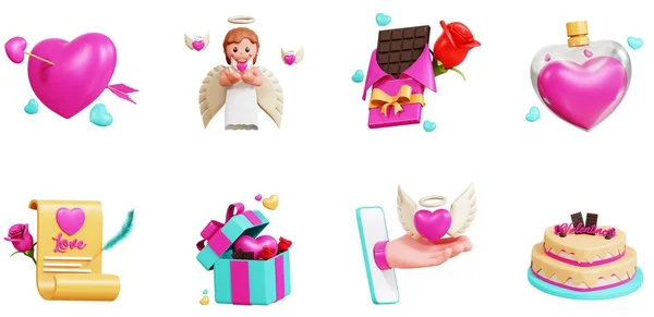 3D St Valentines Icons Set Love Letter Pink Heart Wedding Cake Gift Box Cupid Angel Chocolate Bar Perfume Relationships Couple UX UI Web Design Elements 3d rendering illustration