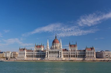 the parliament building of the hungarian capital of the danube river with blue sky in background