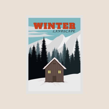 Kabin kış manzarası poster tasarımı karlı arka plan düz çizim tasarımı