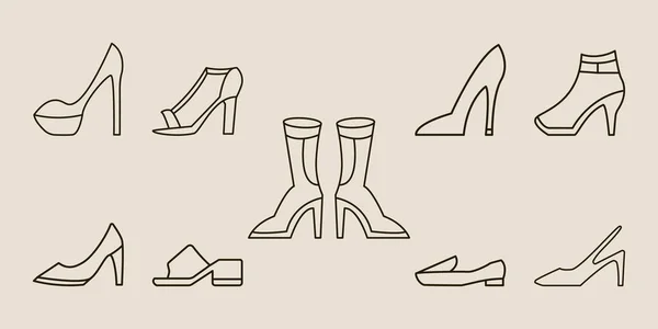 Set Bundle Shoes Mulher Com Linha Arte Estilo Logotipo Vetor — Vetor de Stock