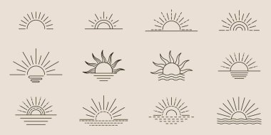 Boho güneş patlaması logosu, güneş hattı sanat vektörü. Gün batımı güneş doğumu stok vektör logosu tasarımı