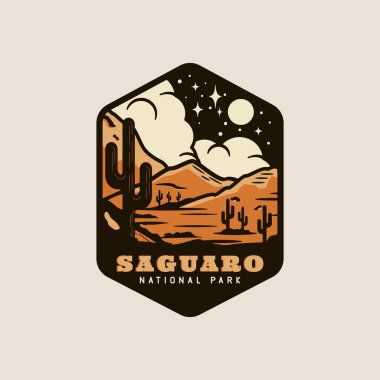 Saguaro Ulusal Parkı klasik vektör illüstrasyon tasarımı. Ulusal Park Vintage poster tasarımı