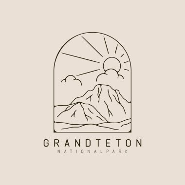 Grand Teton Dağı Ulusal Park Çizgisi Sanat Logosu Güneş patlaması ve bulut minimalist stil logo çizimi tasarımı