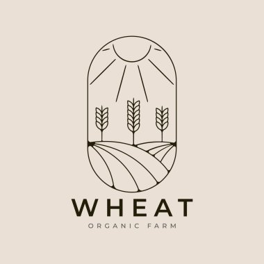 Amblemli buğday çiftliği sanat logosu vektör çizimi, güneş patlaması minimalist tasarımı