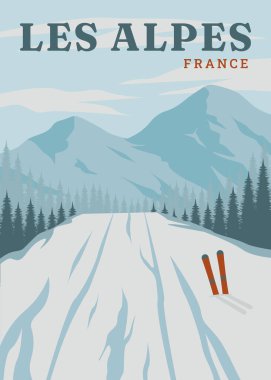 Les Alpes poster illüstrasyon tasarımında seyahat kayağı. Fransa Vintage posterindeki Ulusal Park