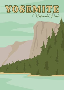 Yosemite Ulusal Parkı vintage illüstrasyon tasarımı. Kaliforniya 'daki Ulusal Park Vintage posteri