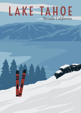 Tahoe Gölü poster illüstrasyon tasarımı seyahat kayağı. Nevada California 'daki Ulusal Park Vintage posteri