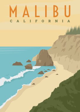 Malibu plajı klasik vektör çizimi tasarımı. Kaliforniya 'da deniz manzarası. Klasik poster tasarımı.