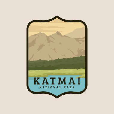 Vintage retro katmai logo simgesi ve sembol vektör illüstrasyon grafik şablonu, Güneybatı Alaska 'daki ulusal park, Amerika logo vintage tasarım şablonu