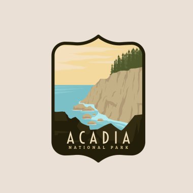 Antika retro acadia logo simgesi ve sembol vektör illüstrasyon grafik şablonu, amblem vintage tasarım şablonu olan ulusal park logosu