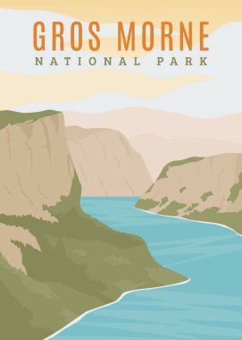 Gros Morne Ulusal Park poster vintage illüstrasyon tasarımı. Kanada 'daki Ulusal Park Vintage poster tasarımı