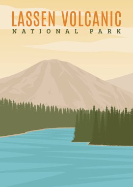 Lassen volkanik ulusal park klasik vektör illüstrasyon tasarımı. Kaliforniya 'daki ulusal park Amerika' nın klasik poster tasarımı