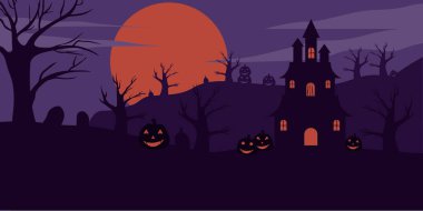 İçinde ev, kale ve balkabağı çizimi olan soyut cadılar bayramı posteri