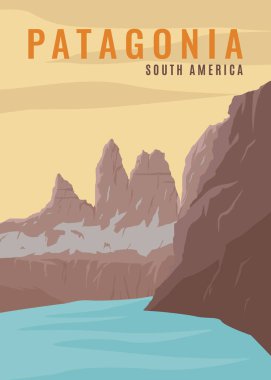 Güney Amerika 'daki Patagonya dağlarının ve göllerin manzarası, manzara poster tasarımı