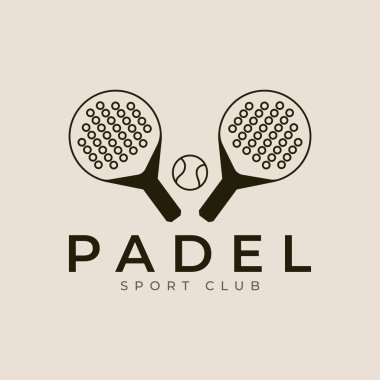 Padel spor kulübü logosu, iki raket ve bir top. Markalaşma malzemeleri, spor kulübü web siteleri, giyim ve pazarlama için elverişli.