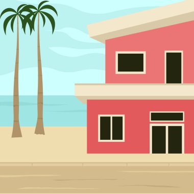 İki palmiye ağacının yanındaki pembe plaj evi..