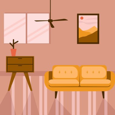 Şık bir kanepe, bereketli bir bitki ve iç tasarım konseptleri ve ev dekorasyonu web siteleri için mükemmel büyüleyici bir sanat eseriyle oturma odası..