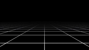 Parlak beyaz çizgileri olan minimalist siyah ve gri şebeke zemin animasyonu. 4K çözünürlüklü fütürist, teknoloji, bilim kurgu ve dijital arkaplan videoları için mükemmel.