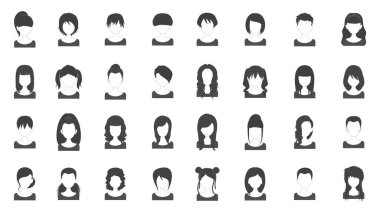 Kadın ikonlarının Avatar 'ı. Siyah ve beyaz yüz avatar koleksiyonu. Kadın saç stili simgeleri ayarlandı