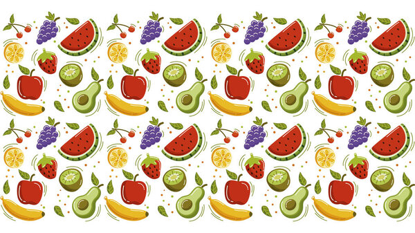Fruits Seamless Pattern with watermelon, banana, avocado, grape, cherry, leccy vector illustration