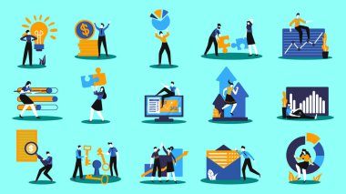 Bir dizi ikon iş analizi. Büyük veri analiz teknolojisi sembolü. 