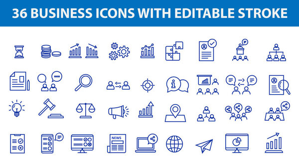 Коллекция финансовых и инвестиционных иконок. Набор значков бизнес-контуров с редактируемой коллекцией штрихов.