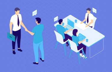 İş toplantısı, tartışma, tartışma, beyin fırtınası, takım çalışması konsepti. vektör illüstrasyonu