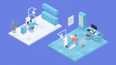 Stetoskop vektör çizimi olan doktor, hasta ve doktorlarla hastane odasının izometrik bileşimi