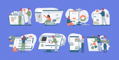 Dizüstü bilgisayarlar ve aletlerle çalışan iş adamları. vektör illüstrasyonu