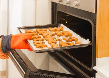 Kırmızı fırın eldiveni takan biri fırına şekilli çiğ kurabiye tepsisi koyar. Sıcak ev yemekleri, aile aktiviteleri ve mutfakta tatil hazırlıkları.