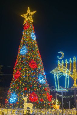 HAIFA, ISRAEL 23 ARALIK 2024: Geceleyin yapılan çok kültürlü bayram kutlamaları sırasında Noel ağacı ve Hanuka menorah süslemeleri