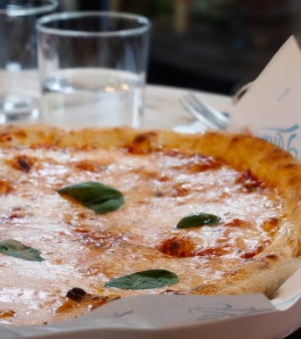 Restoran masasında taze fesleğen ve erimiş peynirle kaplı lezzetli bir pizzanın yakın çekimi. Gıda odaklanmasını vurguluyor