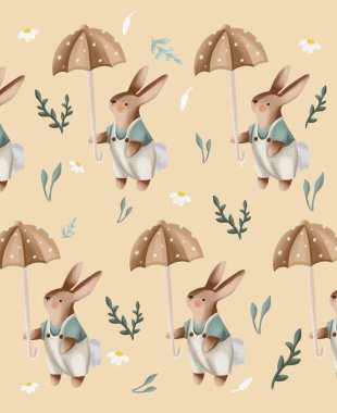 Watercolor pattern with cute white rabbits and leaves. Wild animals, eucalyptus, flowers. Hand-drawn adorable hare, branch, plants. Springtime background