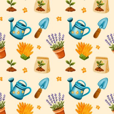 Bahçe aletleri ve bitkilerle suluboya kusursuz desenli Bahçe Bahçe Tasarımı