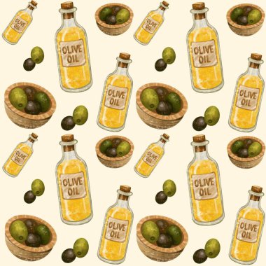 Rustik Mutfak Malzemeleri Kusursuz Zeytinyağı ve Sebzeli Suluboya Deseni
