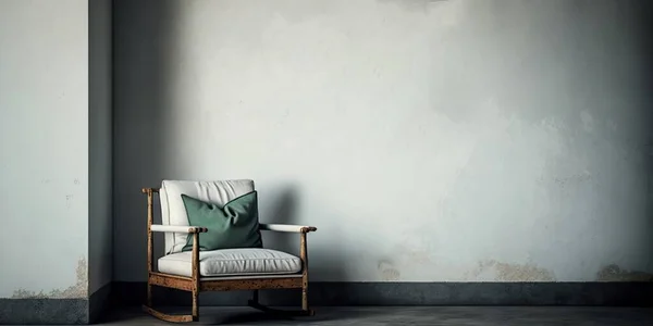 a classic chair in a grunge room, a white wall