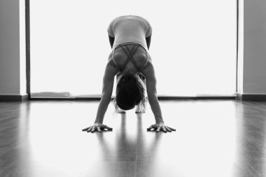 Woman practices adho mukha svanasana yoga pose in bright room studio. Female yogi in downward facing dog asana. Natural light, floor reflection, workout, minimal concepts. Black and white photography