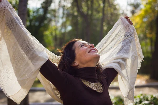 Smiling Middle Aged Lady Looking Arms Air Sign Victory Holding — Foto Stock