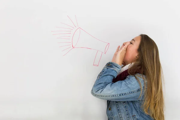 Blonde Girl Hands Mouth Shouting Red Megaphone Drawing White Board — Stock Photo, Image