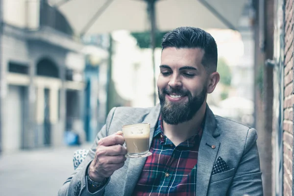 Young Businessman Loving His Coffee Street Terrace Cafe Smiling Handsome — Stock fotografie
