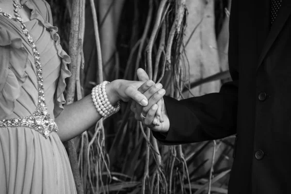 Close up on wedding couple holding hands in the park with tree branches and roots on the background. Trust, love, commitment, together forever concepts. Black and white photography