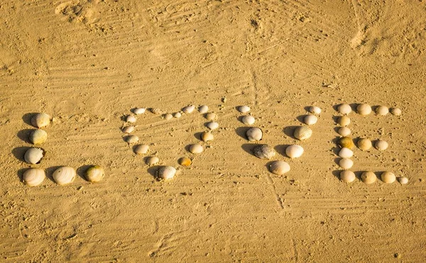 Top View Word Love Written Seashells Sand Beach Letter Heart — Zdjęcie stockowe