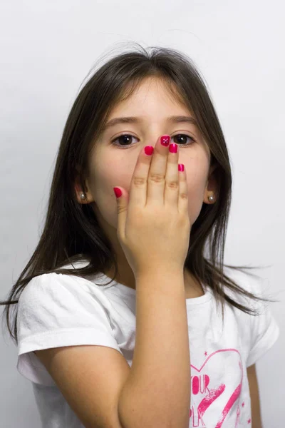 Sweet Little Girl Hand Mouth Send Kiss White Background Pink — Stock Photo, Image