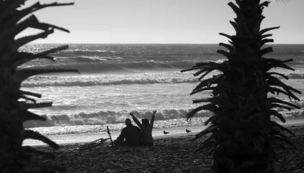 在智利的拉塞雷纳 一个兴奋的女人 双手插在空气中 坐在沙滩上 旁边是男友 旁边是一片空白的海滩 旁边是棕榈树 黑白摄影 — 图库照片