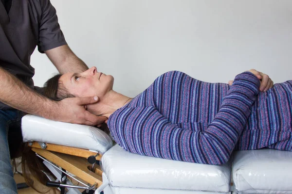 Osteopath Treats Female Patient Injury Neck Lying White Stretcher Doctor — Stock Photo, Image